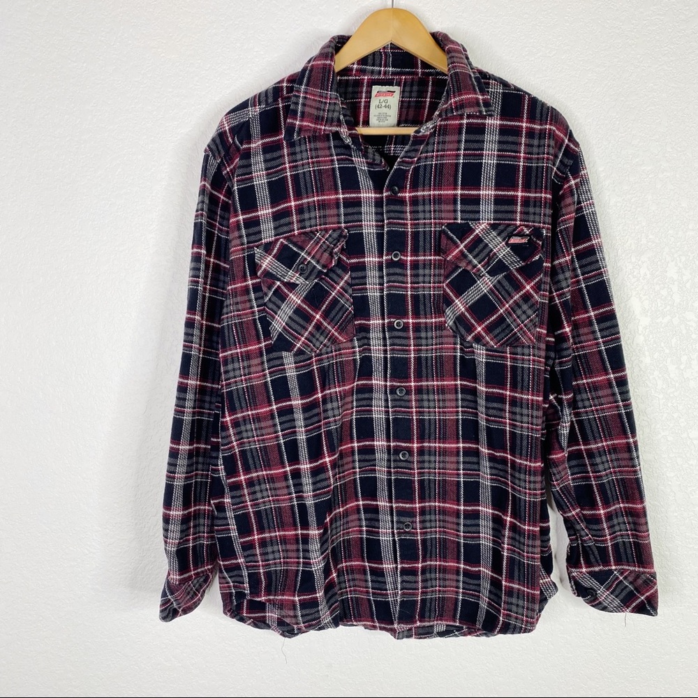 Dickies Gray Red & Black Plaid Button Front Flannel Shirt